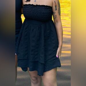 black strapless layered mini dress